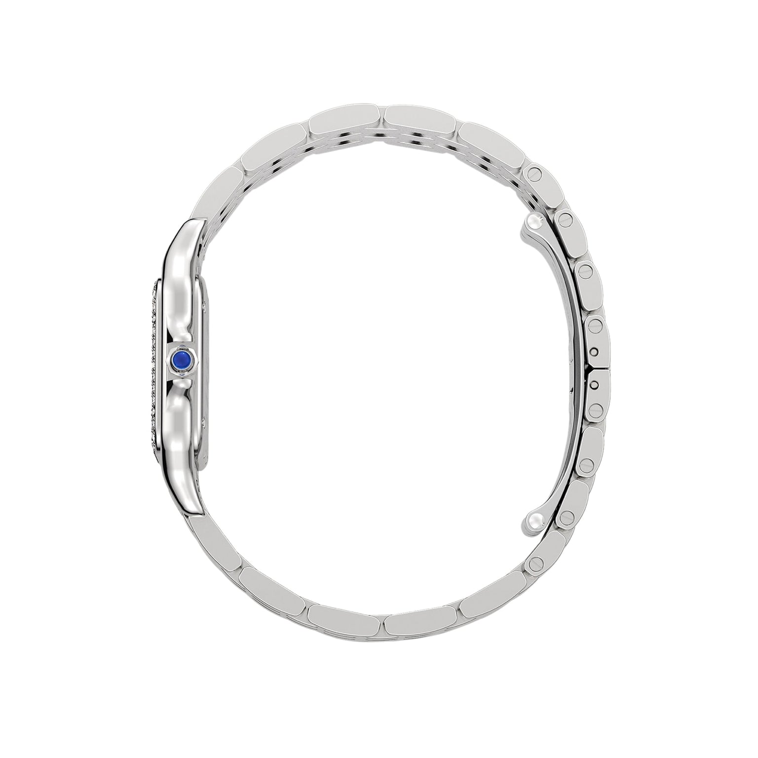 Side view of the Cartier Panthère de Cartier watch featuring a linked metal bracelet and a blue gemstone set in the crown.