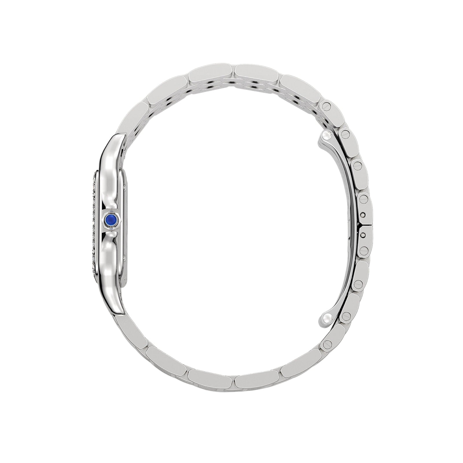 Side view of the Cartier Panthère de Cartier watch featuring a linked metal bracelet and a blue gemstone set in the crown.