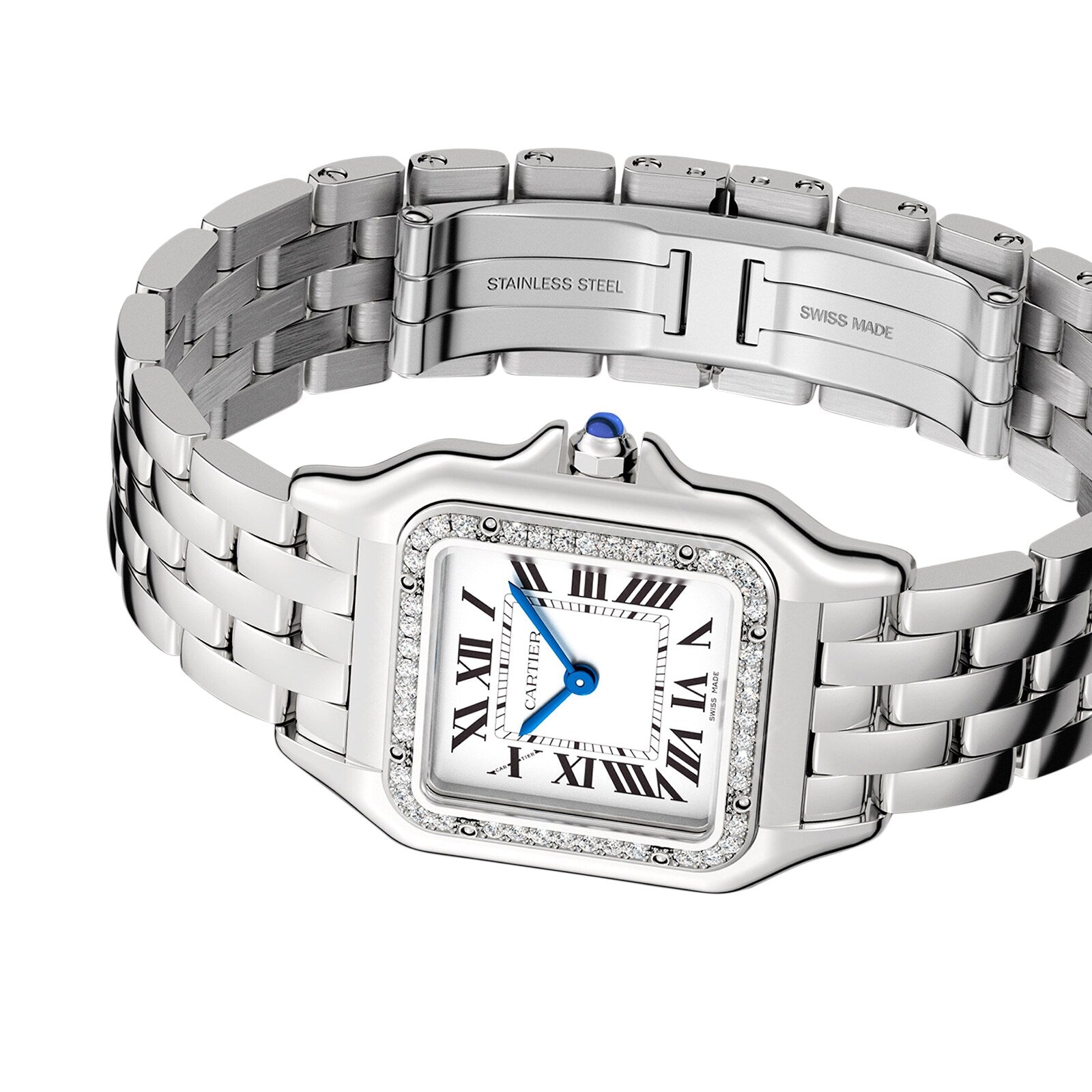 The Panthère de Cartier by Cartier is a silver stainless steel jewelry watch with a square face, Roman numerals, brilliant-cut diamond bezel, blue crown, and metal band with deployment clasp marked Stainless Steel and Swiss Made.