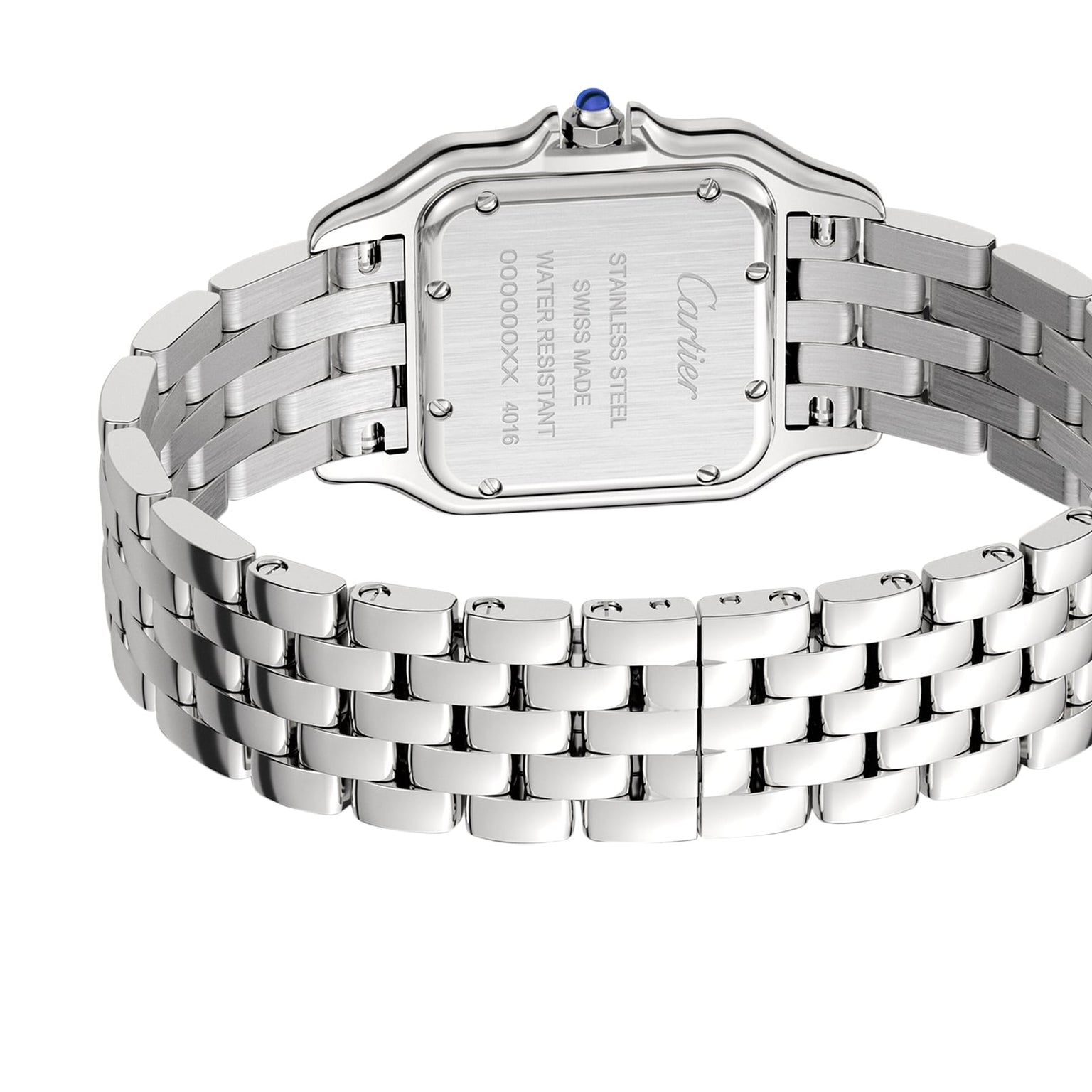 Close-up of the Panthère de Cartier watch by Cartier, showing its stainless steel band, engraved caseback, and blue gemstone set in the crown.
