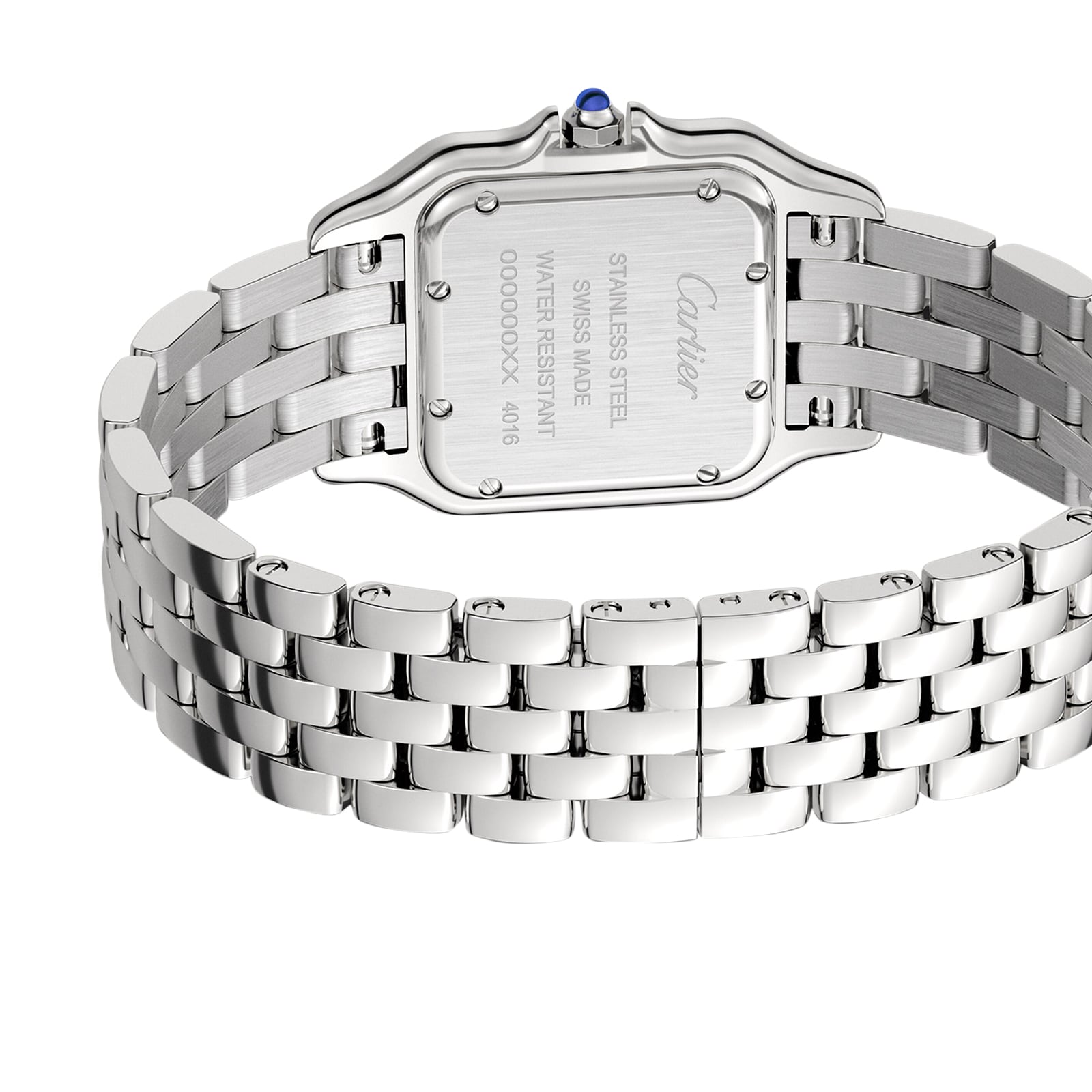 Close-up of the Panthère de Cartier watch by Cartier, showing its stainless steel band, engraved caseback, and blue gemstone set in the crown.