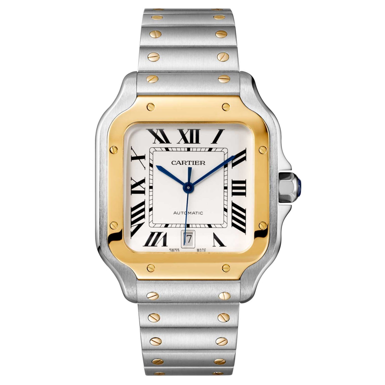 The Santos de Cartier by Cartier features a square face, Roman numerals, gold bezel, silver bracelet, and a date display at 6 o’clock—a timeless wristwatch inspired by aviation heritage and refined design.