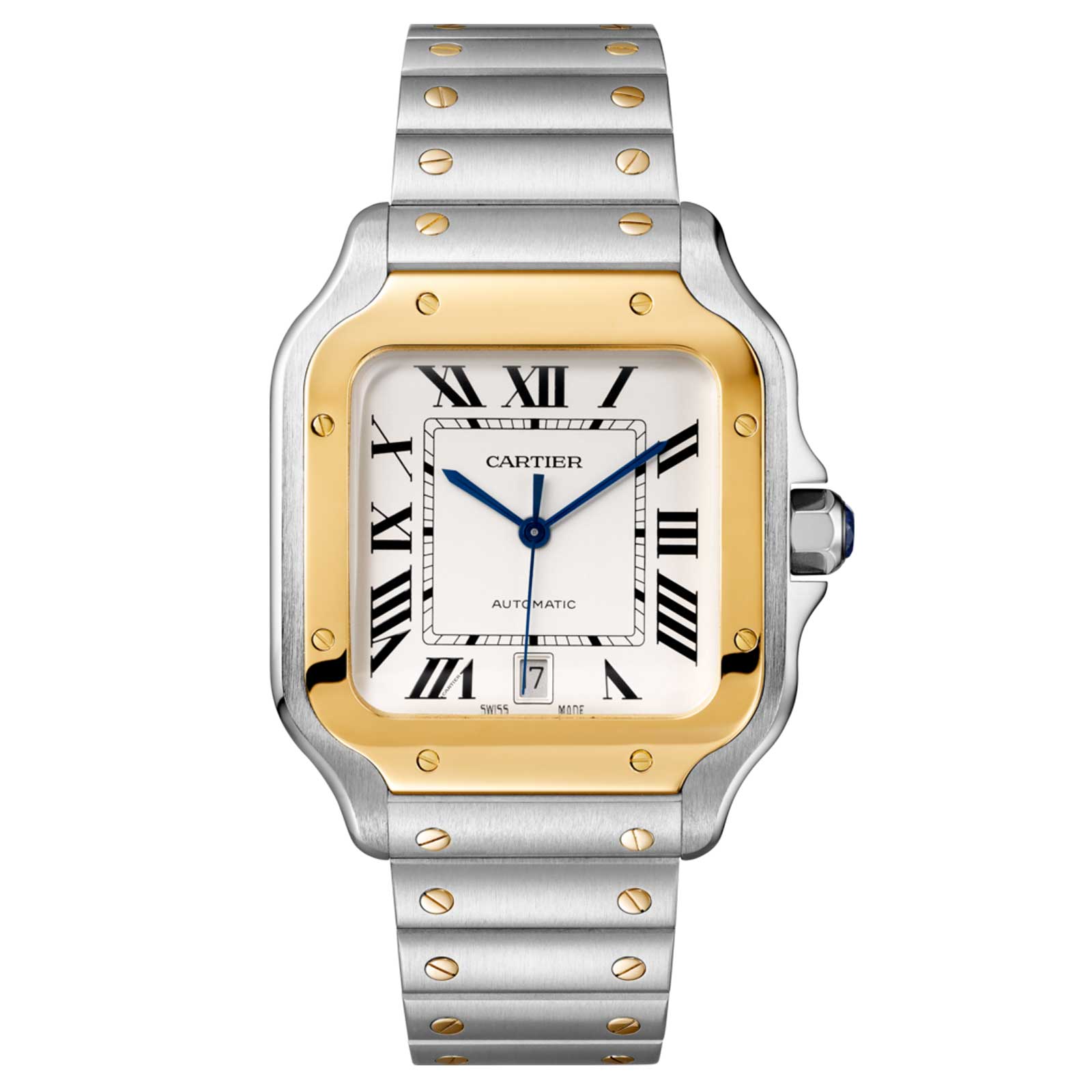 The Santos de Cartier by Cartier features a square face, Roman numerals, gold bezel, silver bracelet, and a date display at 6 o’clock—a timeless wristwatch inspired by aviation heritage and refined design.