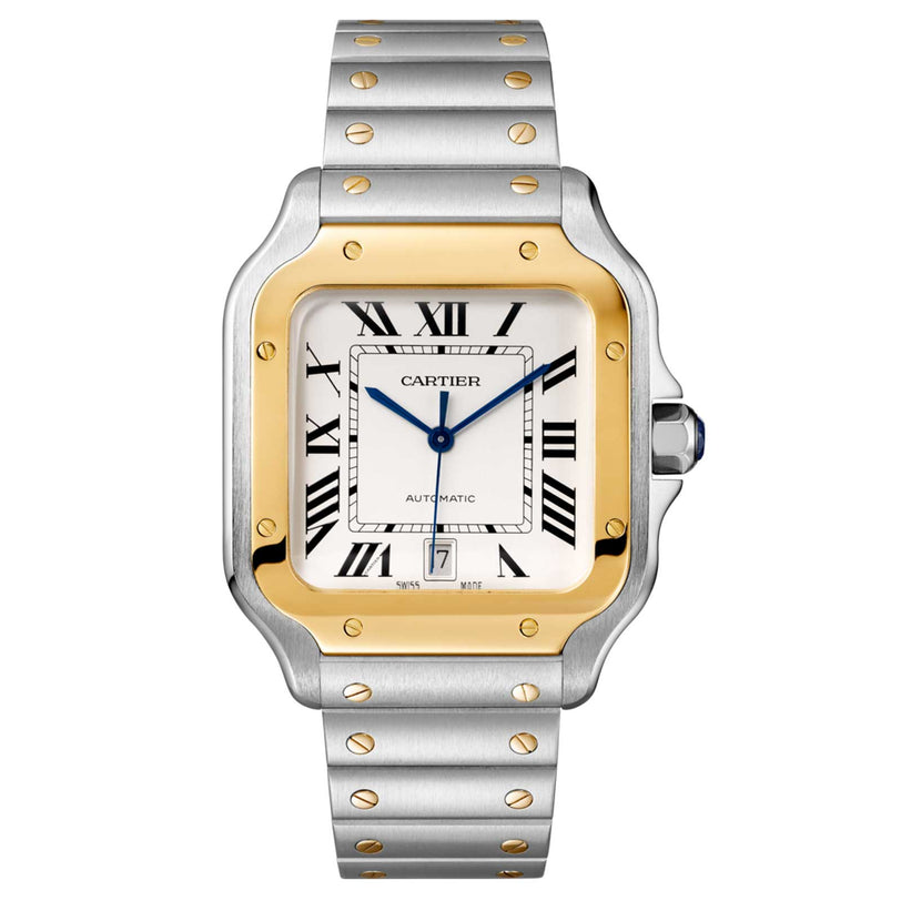 The Santos de Cartier by Cartier features a square face, Roman numerals, gold bezel, silver bracelet, and a date display at 6 o’clock—a timeless wristwatch inspired by aviation heritage and refined design.