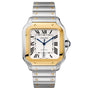 The Santos de Cartier by Cartier features a square face, Roman numerals, gold bezel, silver bracelet, and a date display at 6 o’clock—a timeless wristwatch inspired by aviation heritage and refined design.