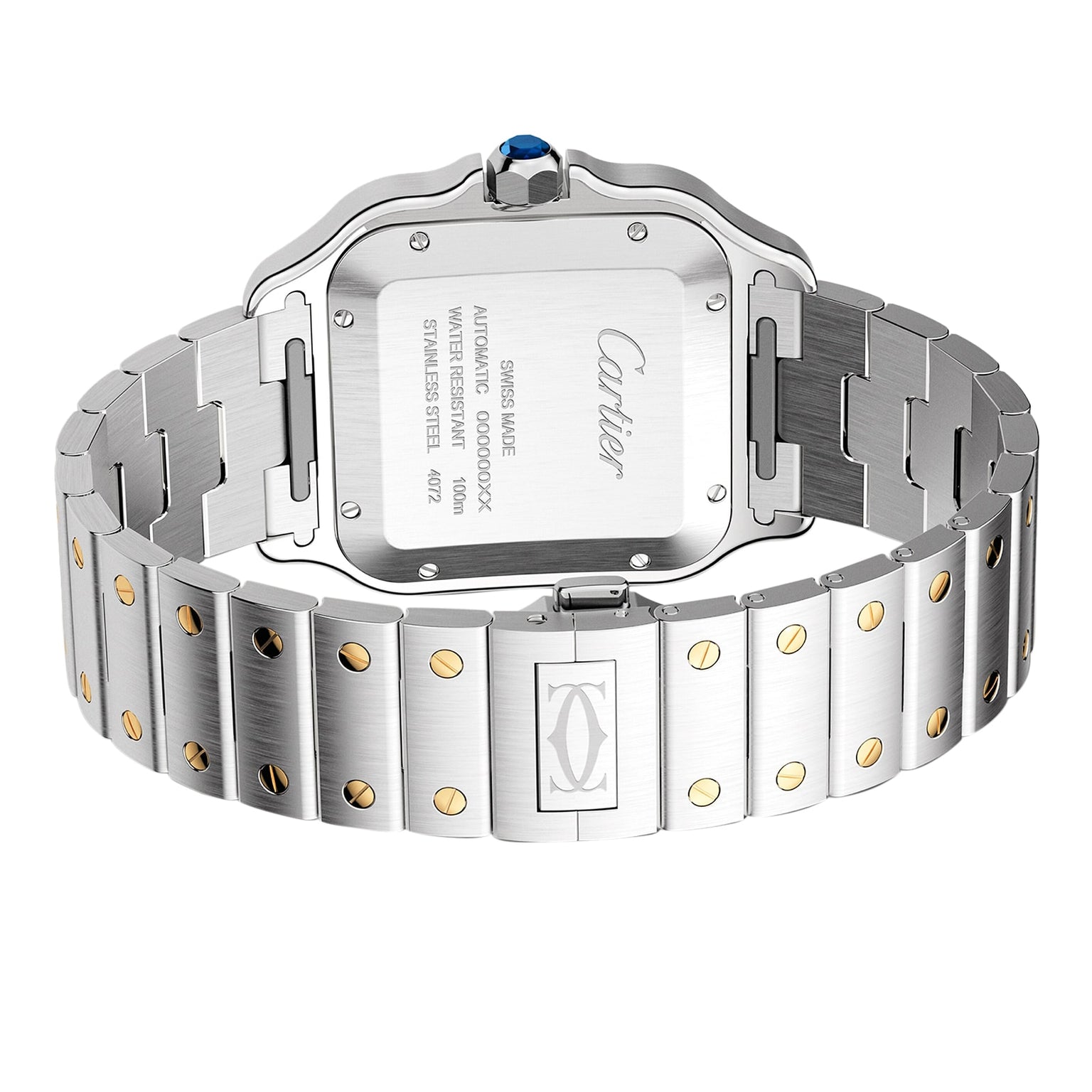 Back view of the Cartier Santos de Cartier watch with stainless steel and gold screw bracelet, engraved case back, and blue gemstone crown—reflecting elegant aviation heritage and timeless minimalist design.