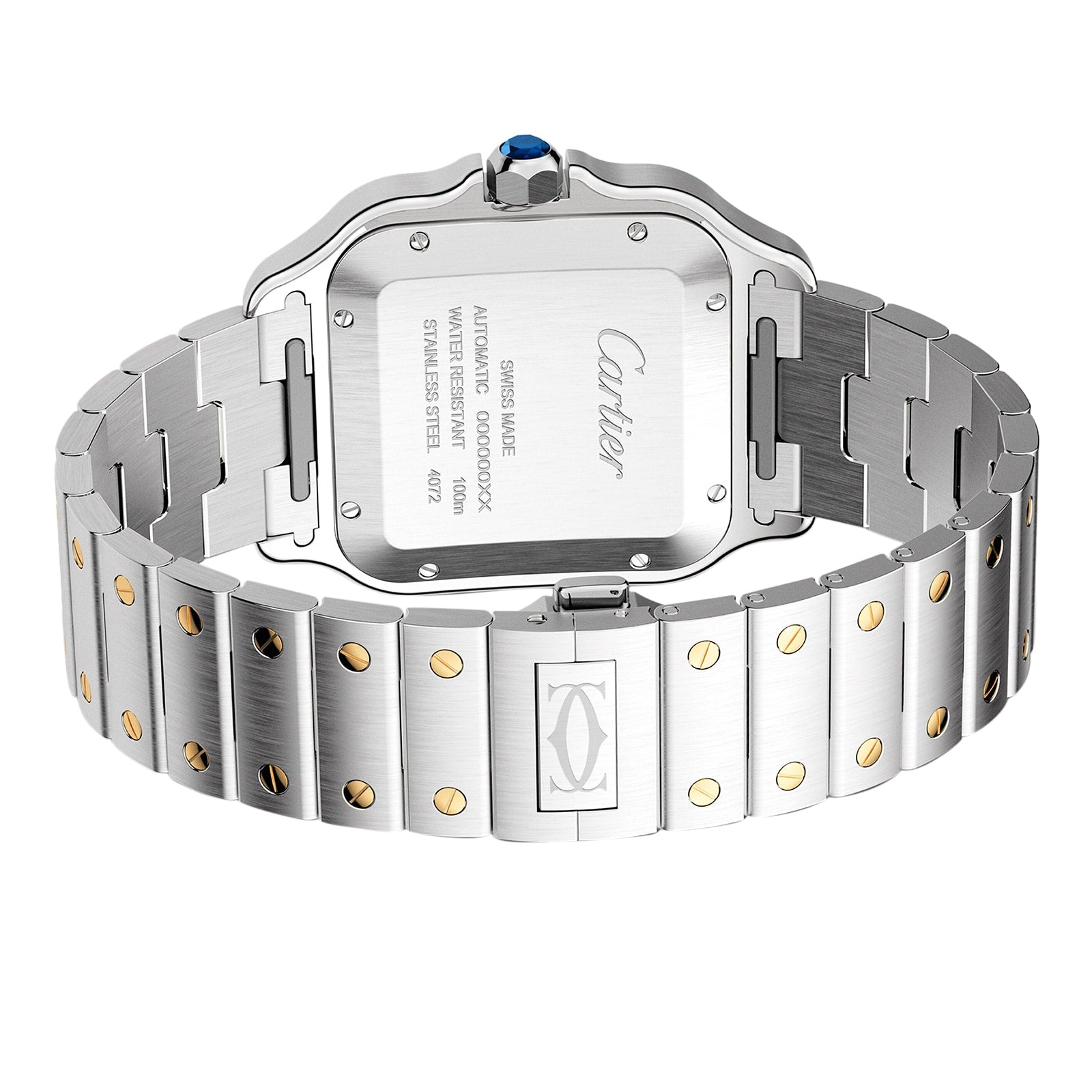 Back view of the Cartier Santos de Cartier watch with stainless steel and gold screw bracelet, engraved case back, and blue gemstone crown—reflecting elegant aviation heritage and timeless minimalist design.