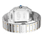 Back view of the Cartier Santos de Cartier watch with stainless steel and gold screw bracelet, engraved case back, and blue gemstone crown—reflecting elegant aviation heritage and timeless minimalist design.