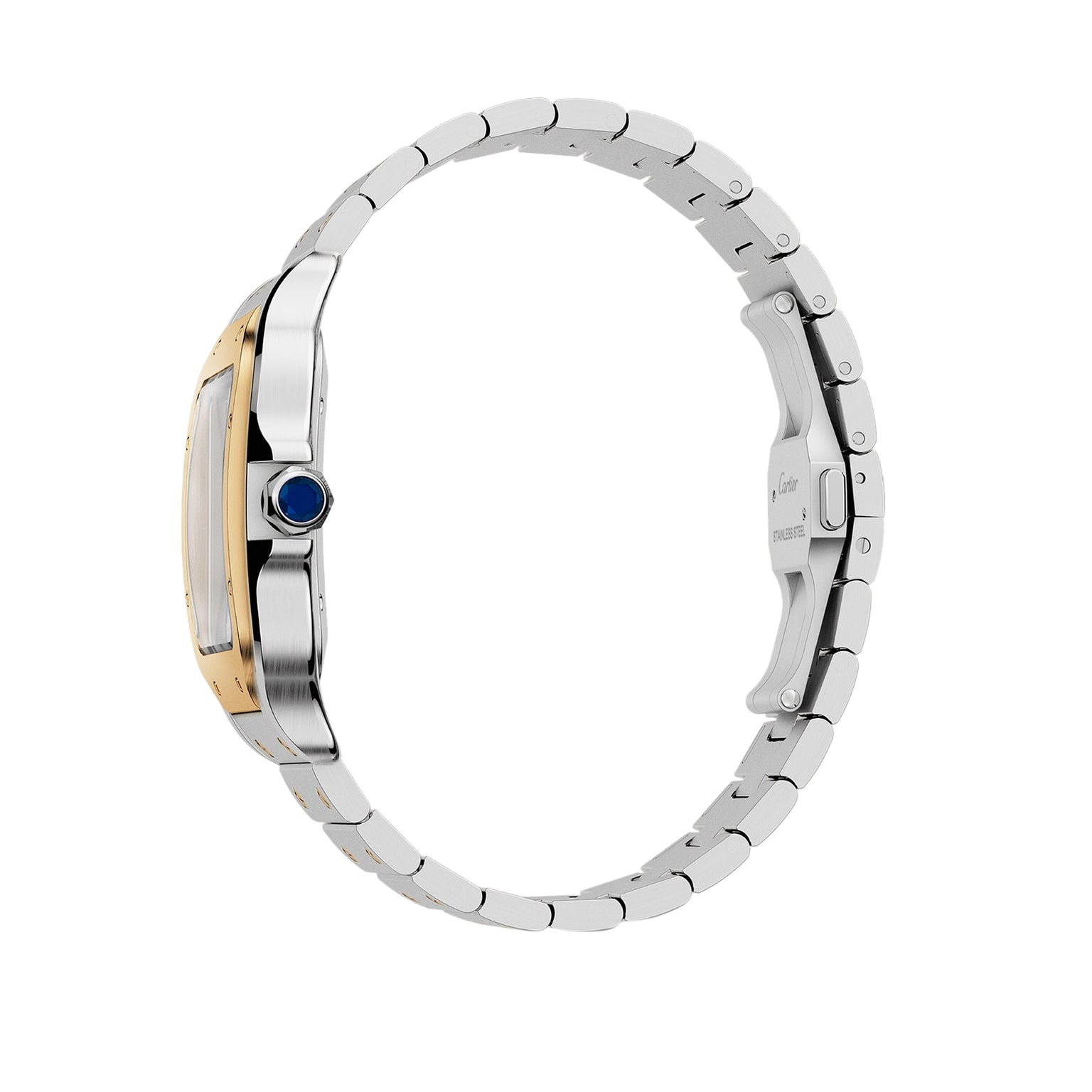 Side view of the Santos de Cartier watch by Cartier, featuring a silver and gold case, stainless steel band, and signature blue jewel on the crown—capturing minimalist elegance and timeless aviation-inspired style.