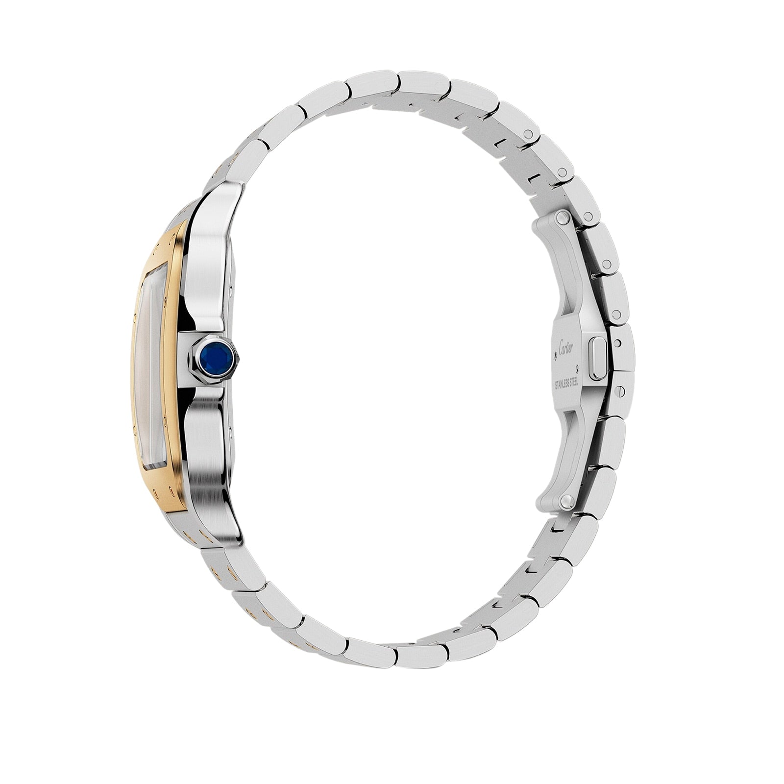 Side view of the Santos de Cartier watch by Cartier, featuring a silver and gold case, stainless steel band, and signature blue jewel on the crown—capturing minimalist elegance and timeless aviation-inspired style.
