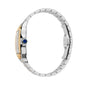 Side view of the Santos de Cartier watch by Cartier, featuring a silver and gold case, stainless steel band, and signature blue jewel on the crown—capturing minimalist elegance and timeless aviation-inspired style.