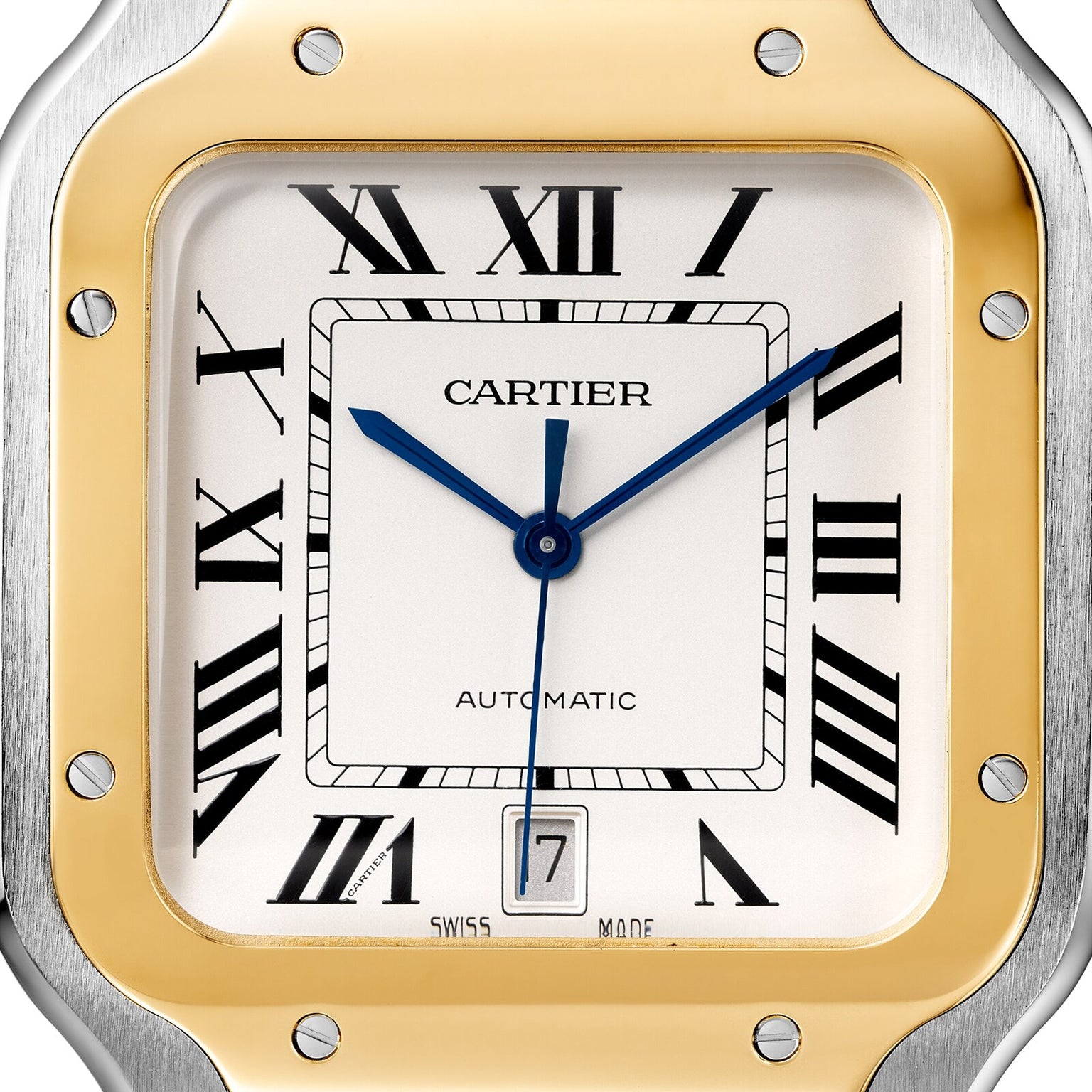 Close-up of a Cartier Santos de Cartier watch face with Roman numerals, blue hands, a square gold bezel, and a date window showing 7, evoking the pioneering spirit that inspired this iconic timepiece.