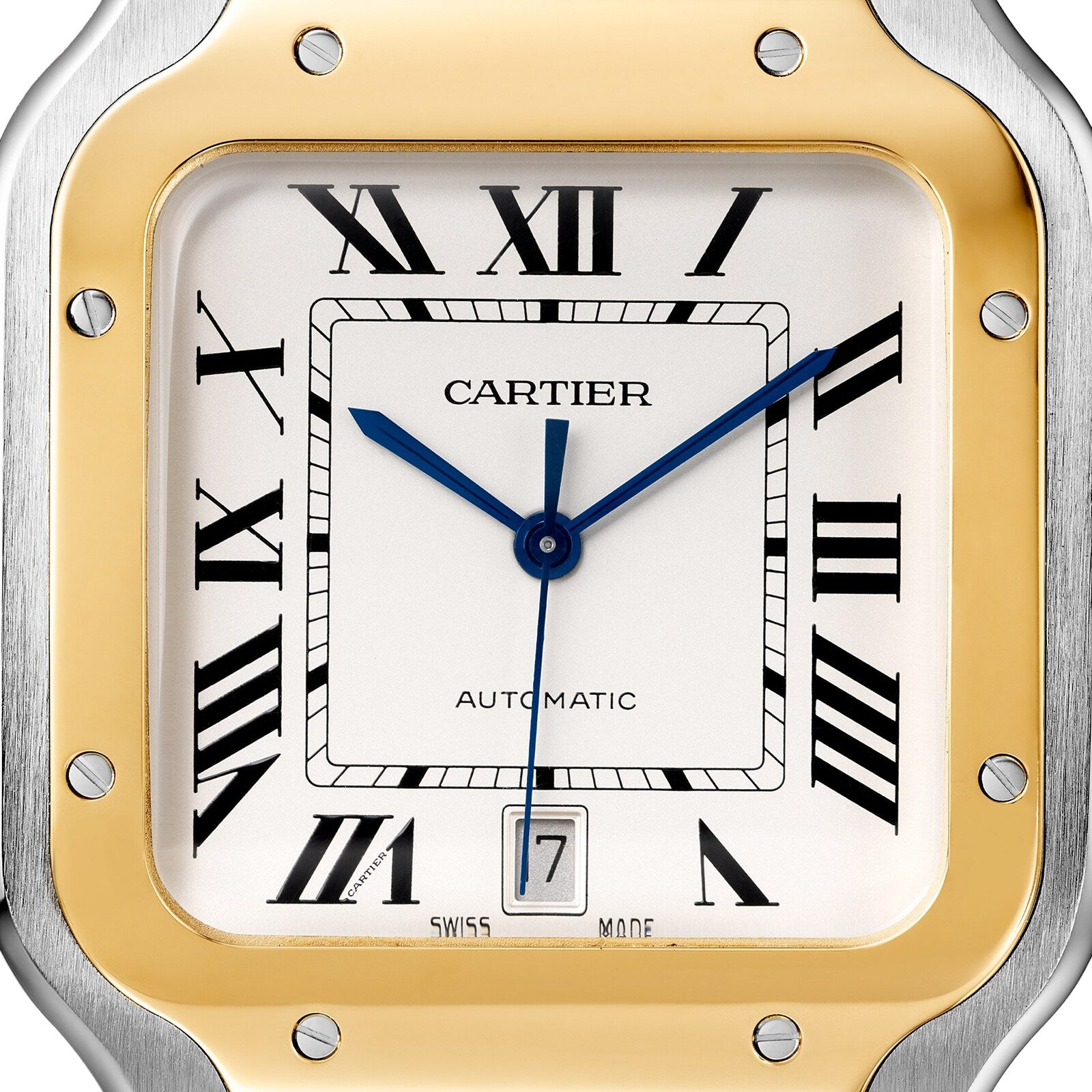 Close-up of a Cartier Santos de Cartier watch face with Roman numerals, blue hands, a square gold bezel, and a date window showing 7, evoking the pioneering spirit that inspired this iconic timepiece.