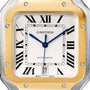 Close-up of a Cartier Santos de Cartier watch face with Roman numerals, blue hands, a square gold bezel, and a date window showing 7, evoking the pioneering spirit that inspired this iconic timepiece.