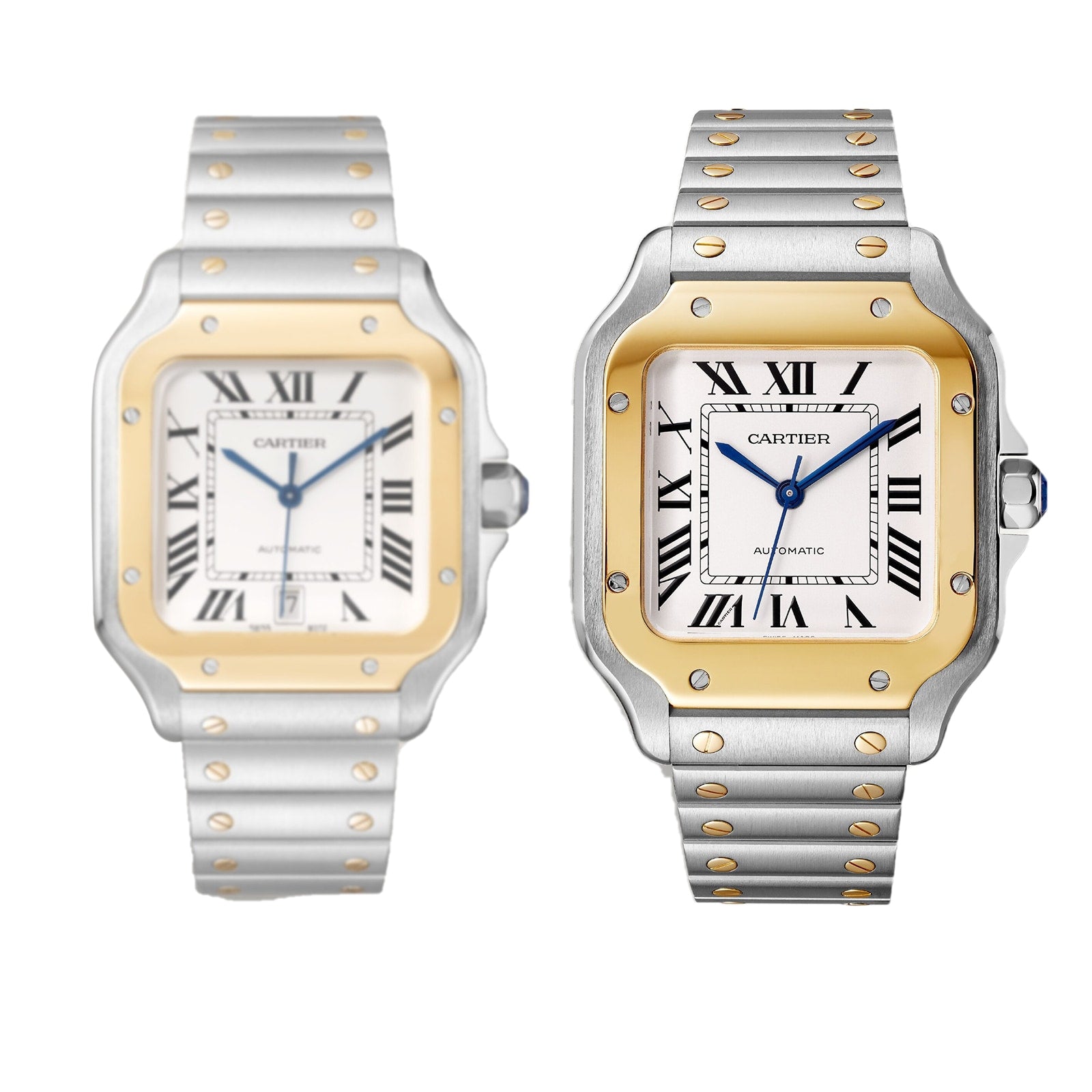 Two Santos de Cartier watches by Cartier, inspired by aviation pioneer Alberto Santos-Dumont, with stainless steel cases, square faces, gold screws, Roman numerals, and blue hands are displayed side by side on a white background.