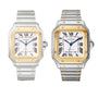 Two Santos de Cartier watches by Cartier, inspired by aviation pioneer Alberto Santos-Dumont, with stainless steel cases, square faces, gold screws, Roman numerals, and blue hands are displayed side by side on a white background.