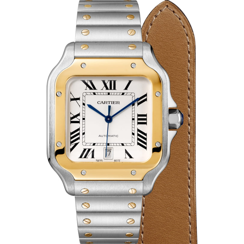The Cartier Santos de Cartier wristwatch features a square face, Roman numerals, an 18K yellow gold bezel, silver metal band with gold screws, and a brown leather strap.