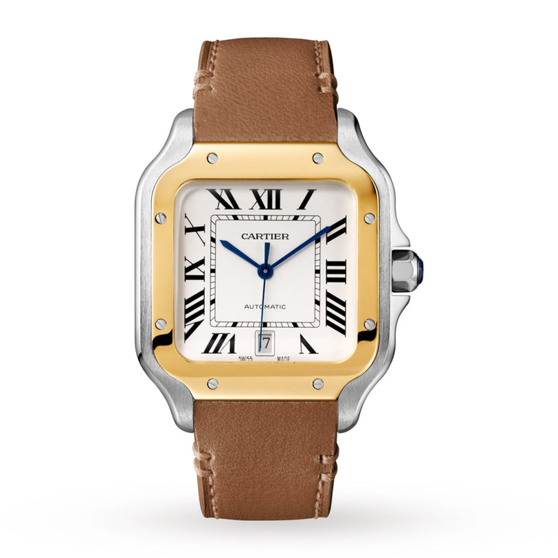 The Santos de Cartier by Cartier features a square gold and silver bezel, Roman numeral hour markers, date display at 6 o’clock, and a brown leather strap—a timeless tribute to elegance inspired by aviation pioneers.
