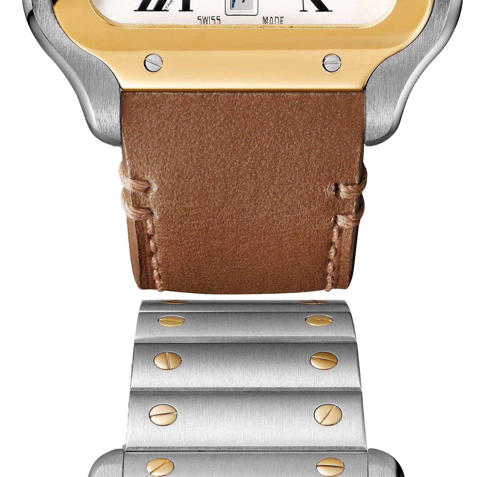 Close-up of the Santos de Cartier by Cartier, showcasing its brown leather strap, metal bracelet with gold screws, and 18K yellow gold bezel—a sophisticated blend of elegance and minimalism.