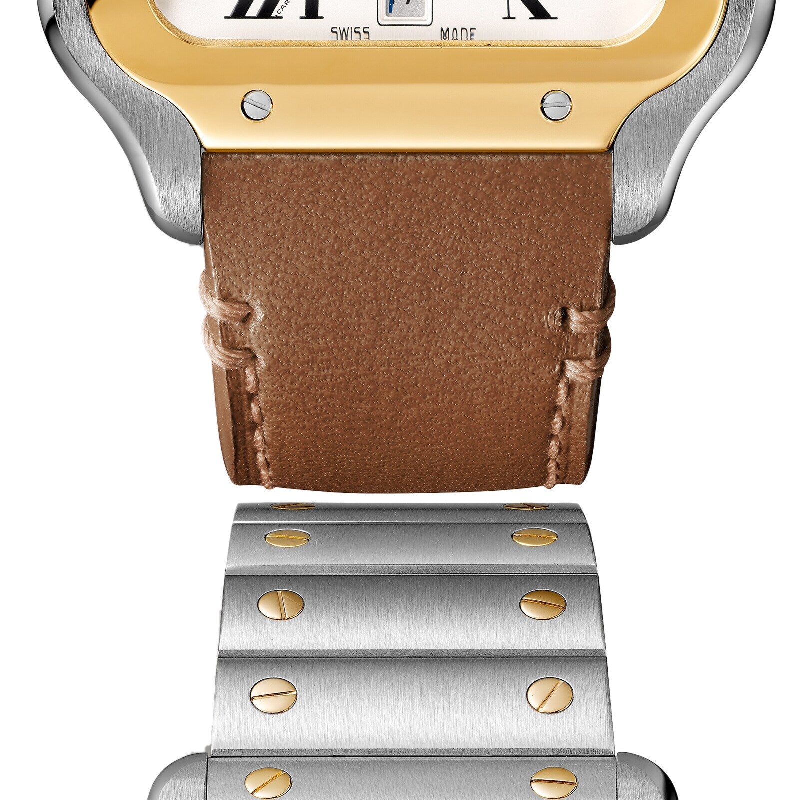 Close-up of the Santos de Cartier by Cartier, showcasing its brown leather strap, metal bracelet with gold screws, and 18K yellow gold bezel—a sophisticated blend of elegance and minimalism.
