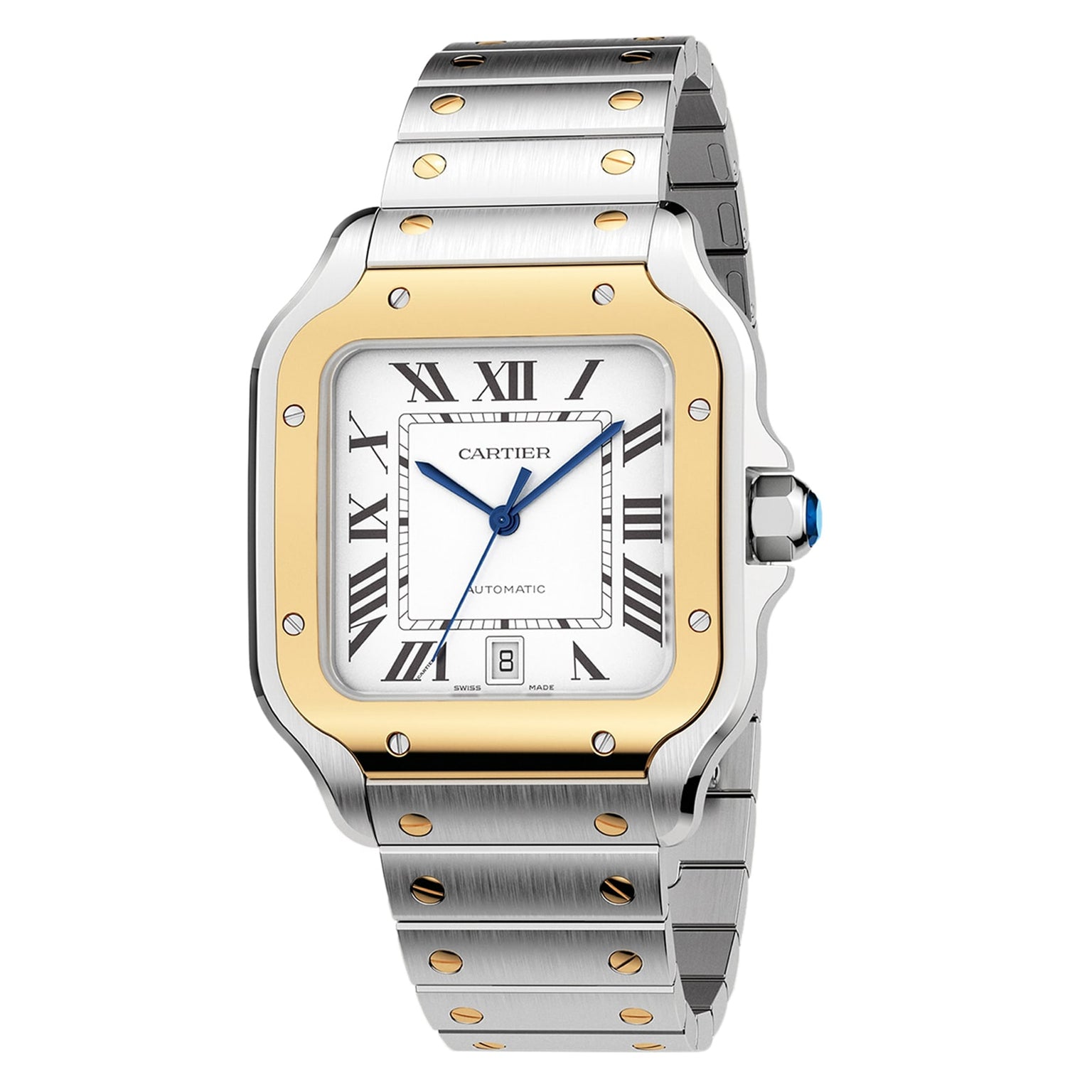 The Santos de Cartier by Cartier features a square face, Roman numerals, date display, and a metal bracelet with gold screws—an iconic timepiece inspired by aviation pioneers.
