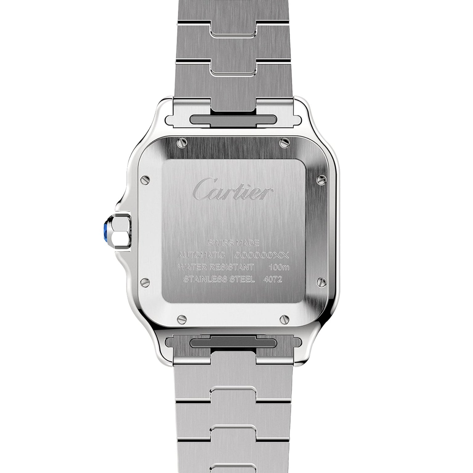 Back view of the Cartier Santos de Cartier watch highlights its stainless steel case, engraved details, and metal bracelet with exposed screws—a minimalist design inspired by aviation heritage.