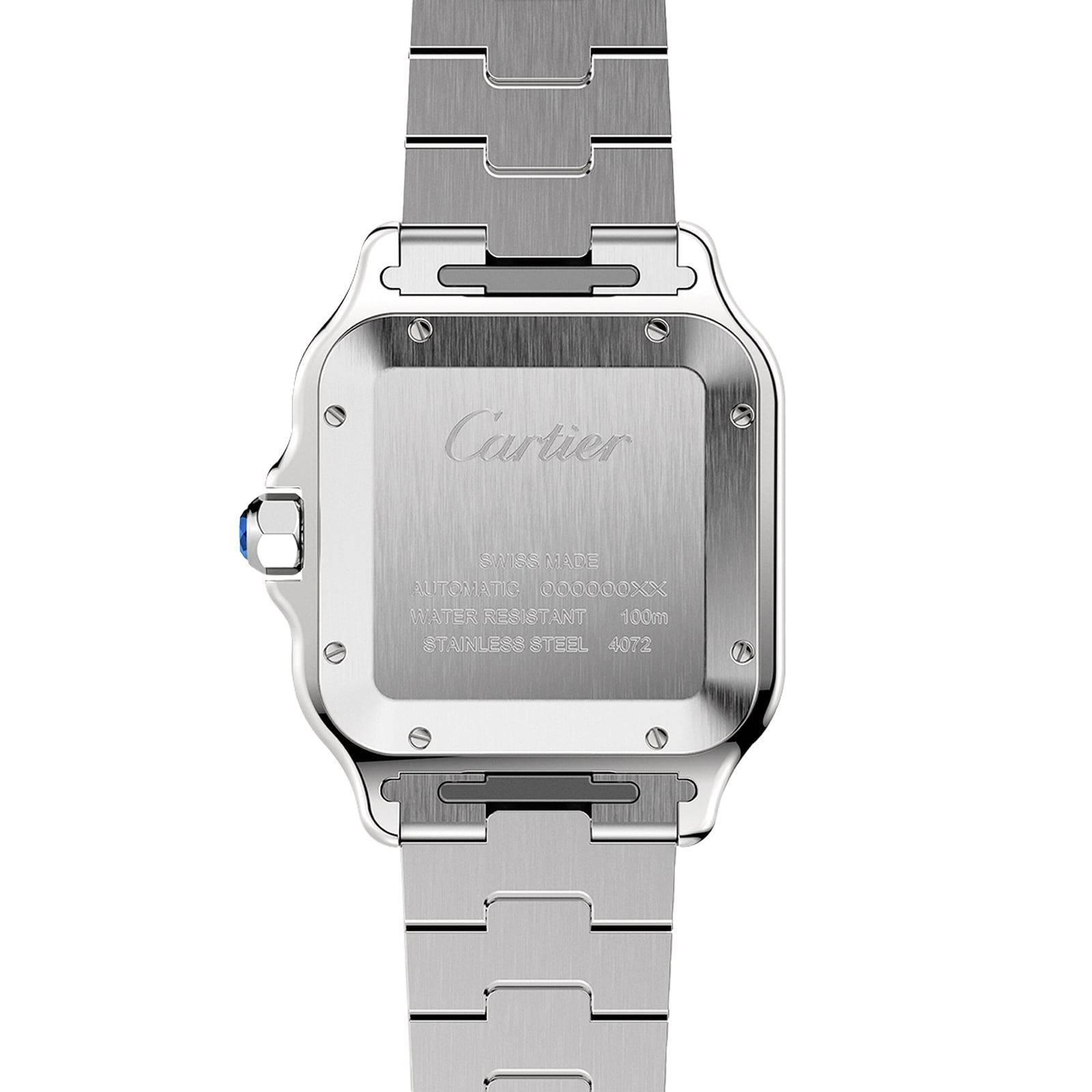 Back view of the Cartier Santos de Cartier watch highlights its stainless steel case, engraved details, and metal bracelet with exposed screws—a minimalist design inspired by aviation heritage.