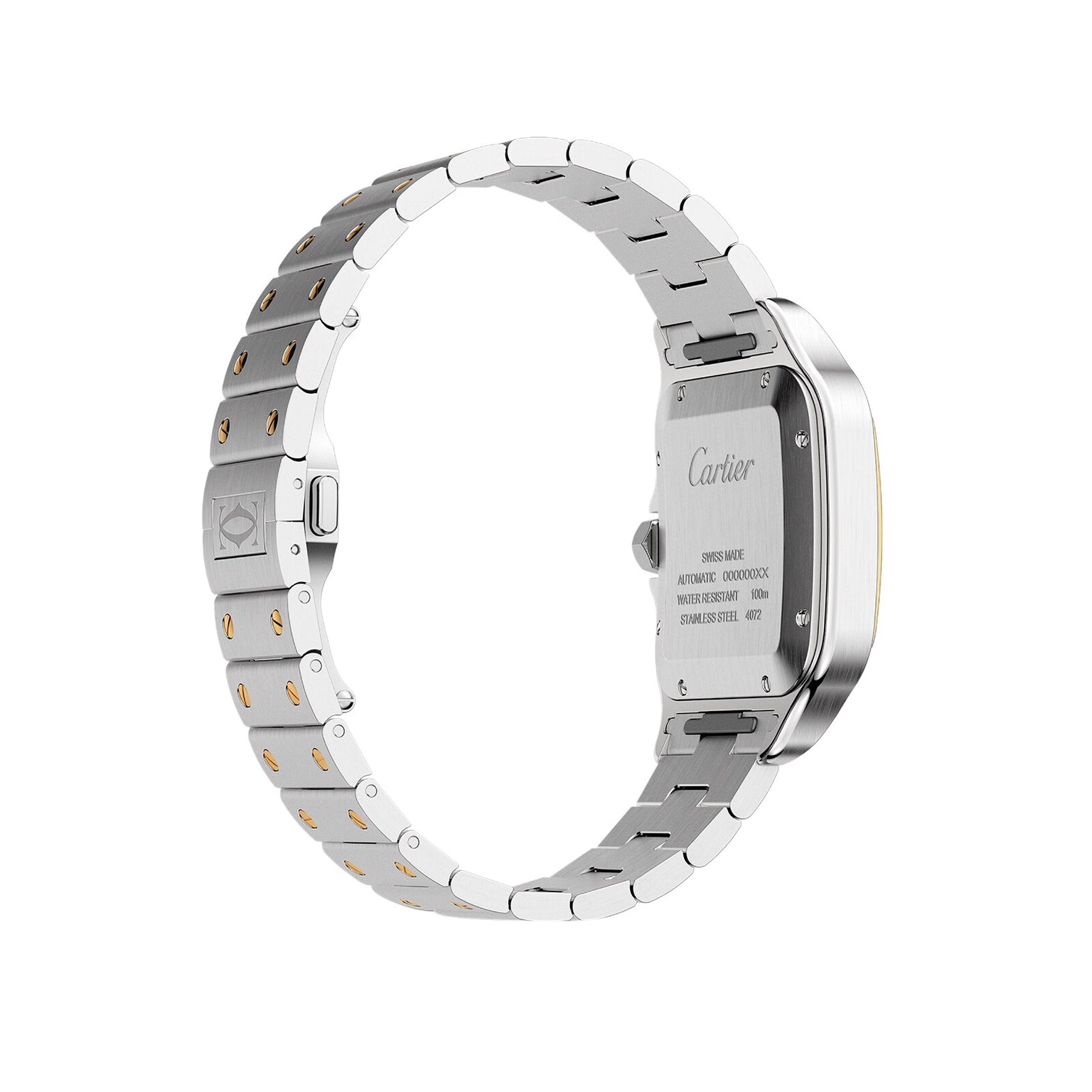 A silver Santos de Cartier wristwatch by Cartier, featuring a metal link bracelet and case back with brand engraving and visible screws—a minimalist design that honors Cartiers aviation heritage.