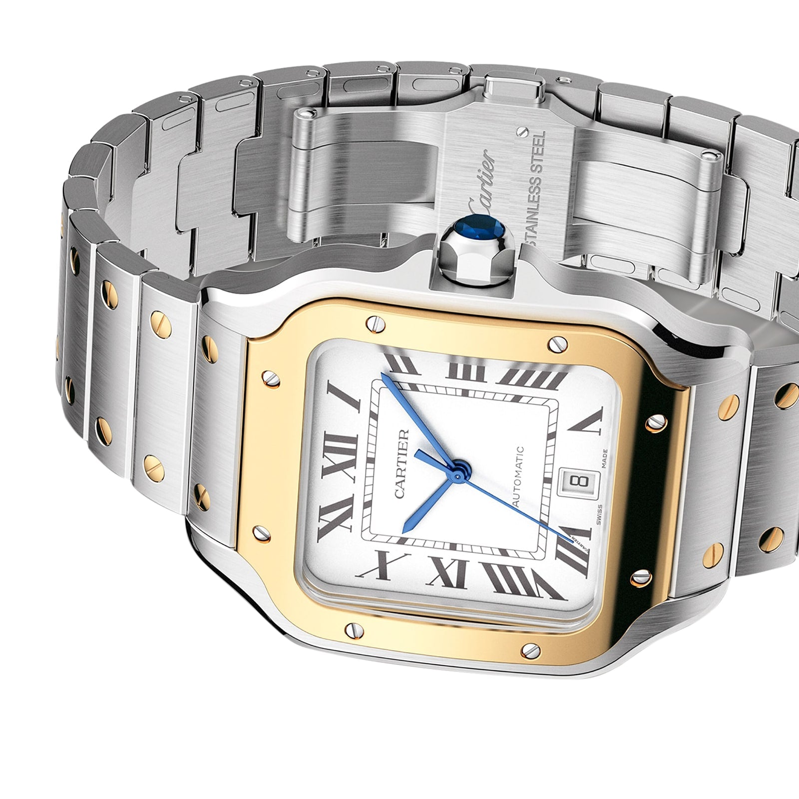 A Cartier Santos de Cartier watch with a square face, Roman numerals, blue hands, date window, and stainless steel and gold accents—honoring aviation pioneer Alberto Santos-Dumont—displayed at an angle.