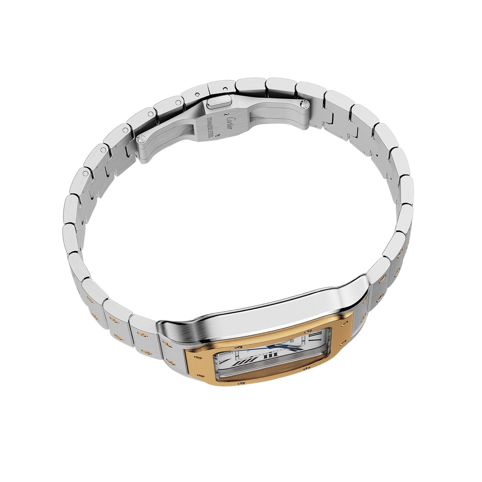 The Cartier Santos de Cartier is a rectangular silver and gold wristwatch with a metal link band, shown from an angled top view highlighting its watch face and clasp—an iconic minimalist design inspired by aviation heritage.