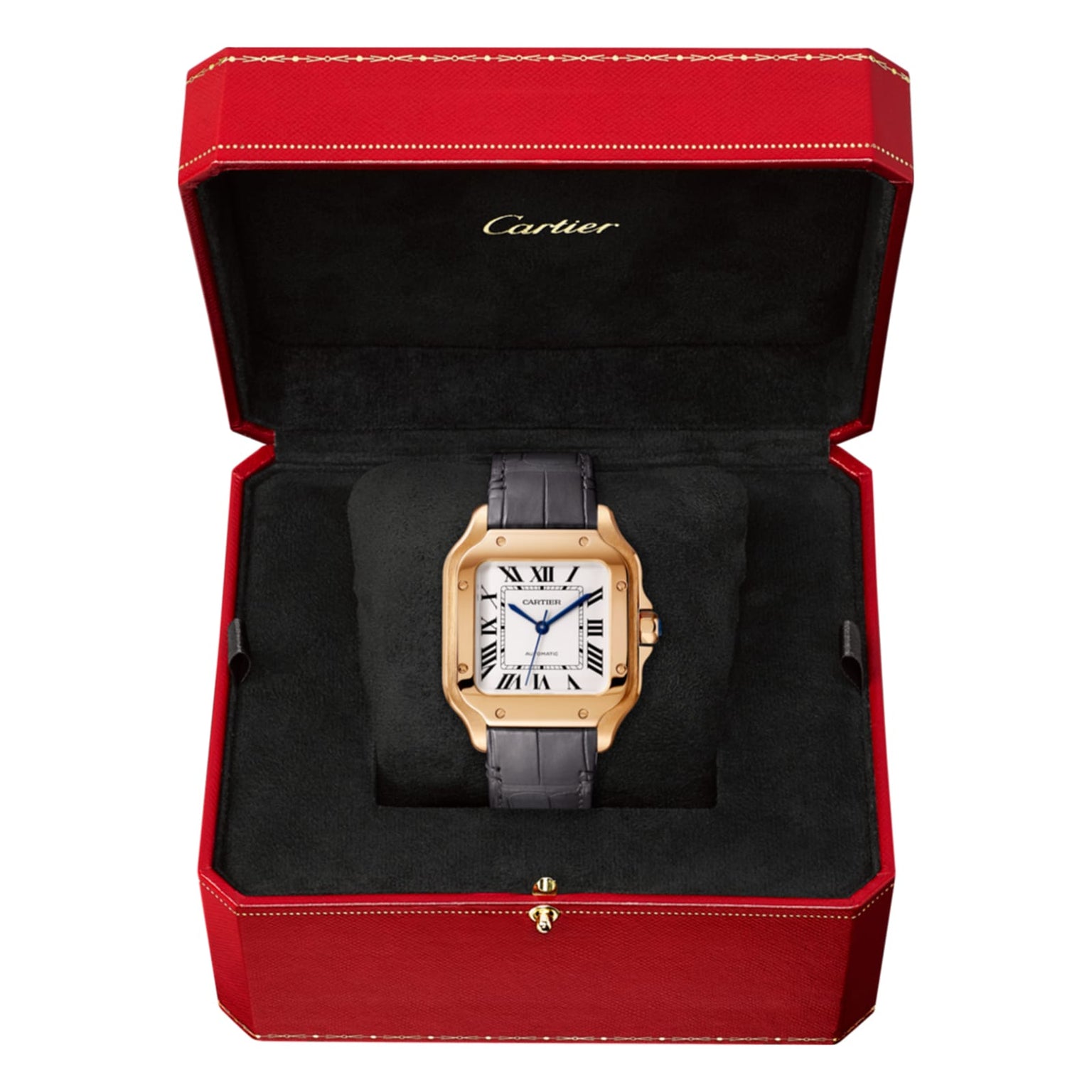A Santos de Cartier watch by Cartier, featuring a square 18K rose gold case, black leather strap, and automatic movement, is displayed in an open red Cartier box with a black velvet interior.