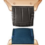 Close-up of the ends of two Santos de Cartier watch straps by Cartier: one in black leather with a crocodile pattern and another in blue leather with matching blue stitching.