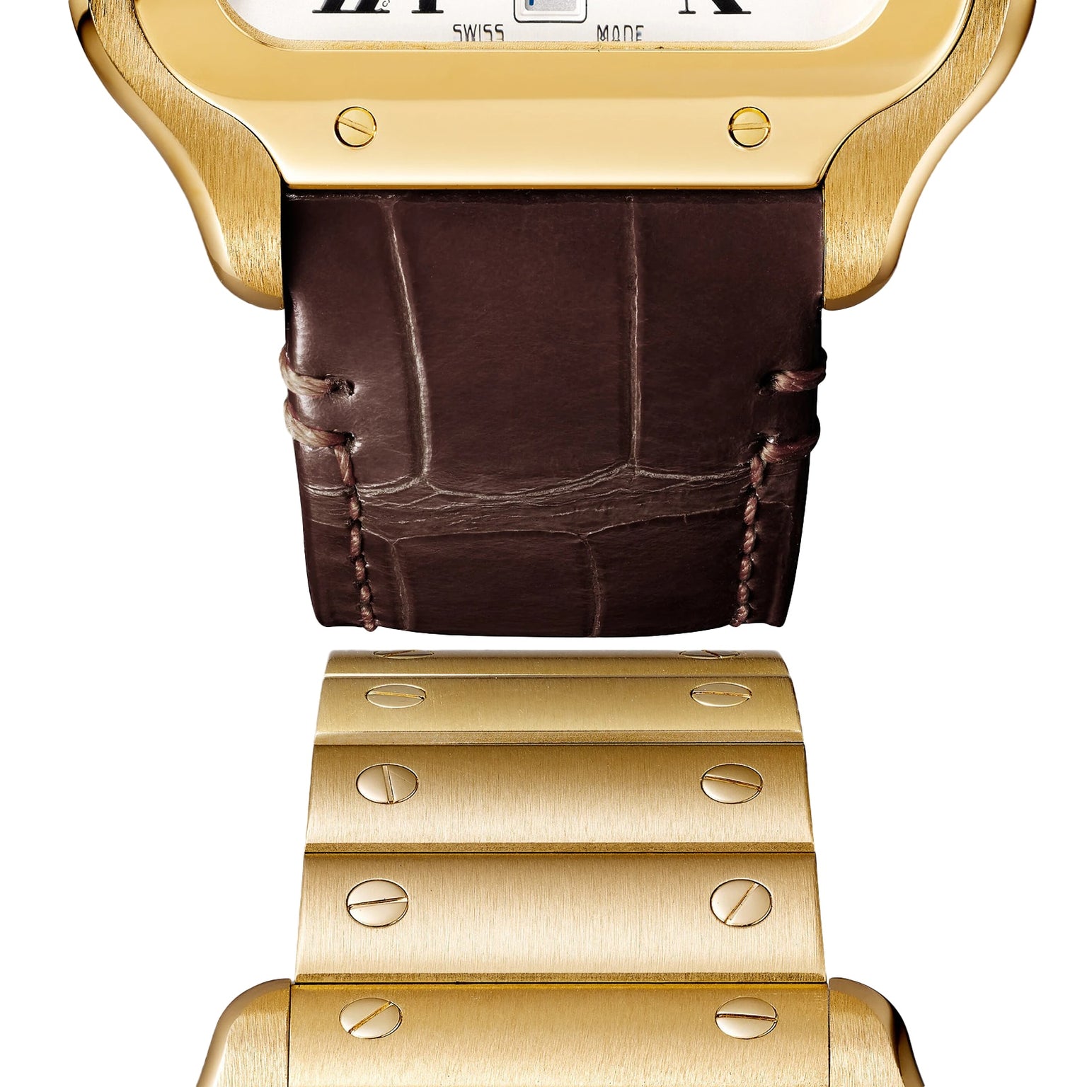 Close-up of the Santos de Cartier by Cartier, showcasing the transition from a brown leather strap to an 18K yellow gold bracelet with signature visible screws.