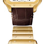 Close-up of the Santos de Cartier by Cartier, showcasing the transition from a brown leather strap to an 18K yellow gold bracelet with signature visible screws.
