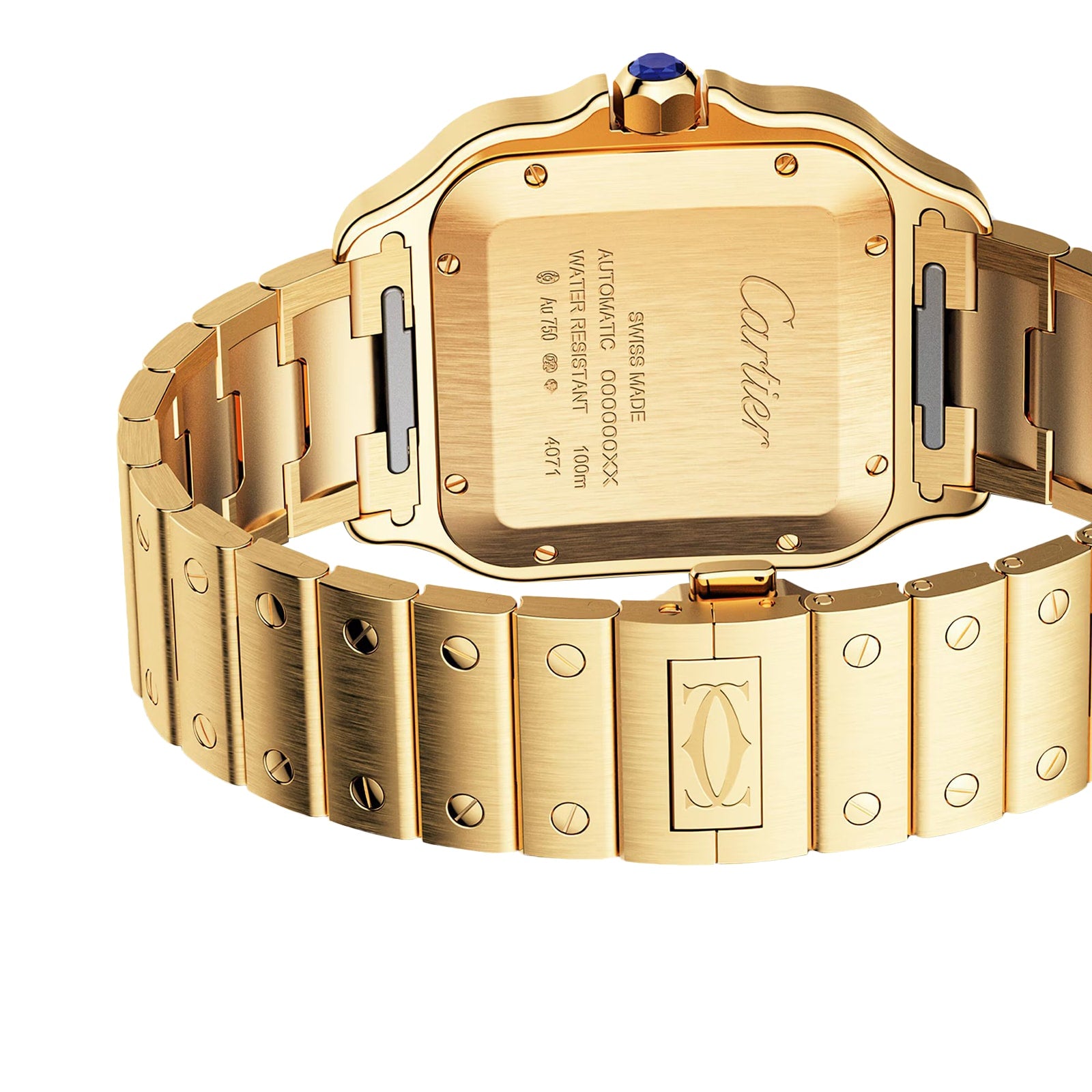 Close-up of the back of a Santos de Cartier watch by Cartier in 18K yellow gold, highlighting the engraved details and Cartier logo on the bracelet clasp.