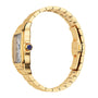 Side view of the Santos de Cartier by Cartier, featuring a rectangular face, Roman numerals, blue gemstone crown, and crafted in 18K yellow gold—a luxurious tribute to aviation heritage.