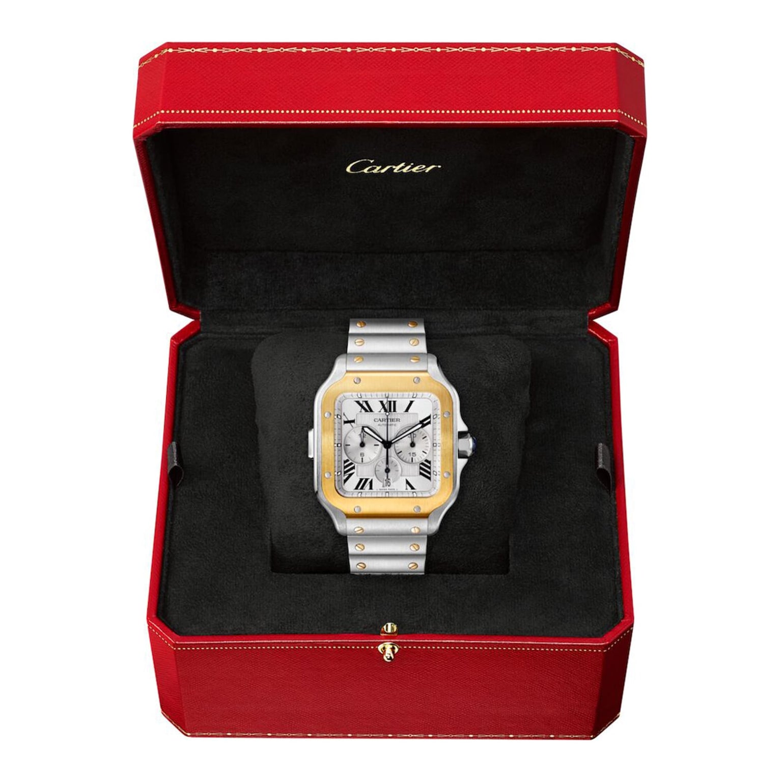 A Santos de Cartier Chronograph watch with a metal band is displayed in an open red Cartier box featuring a black velvet interior.