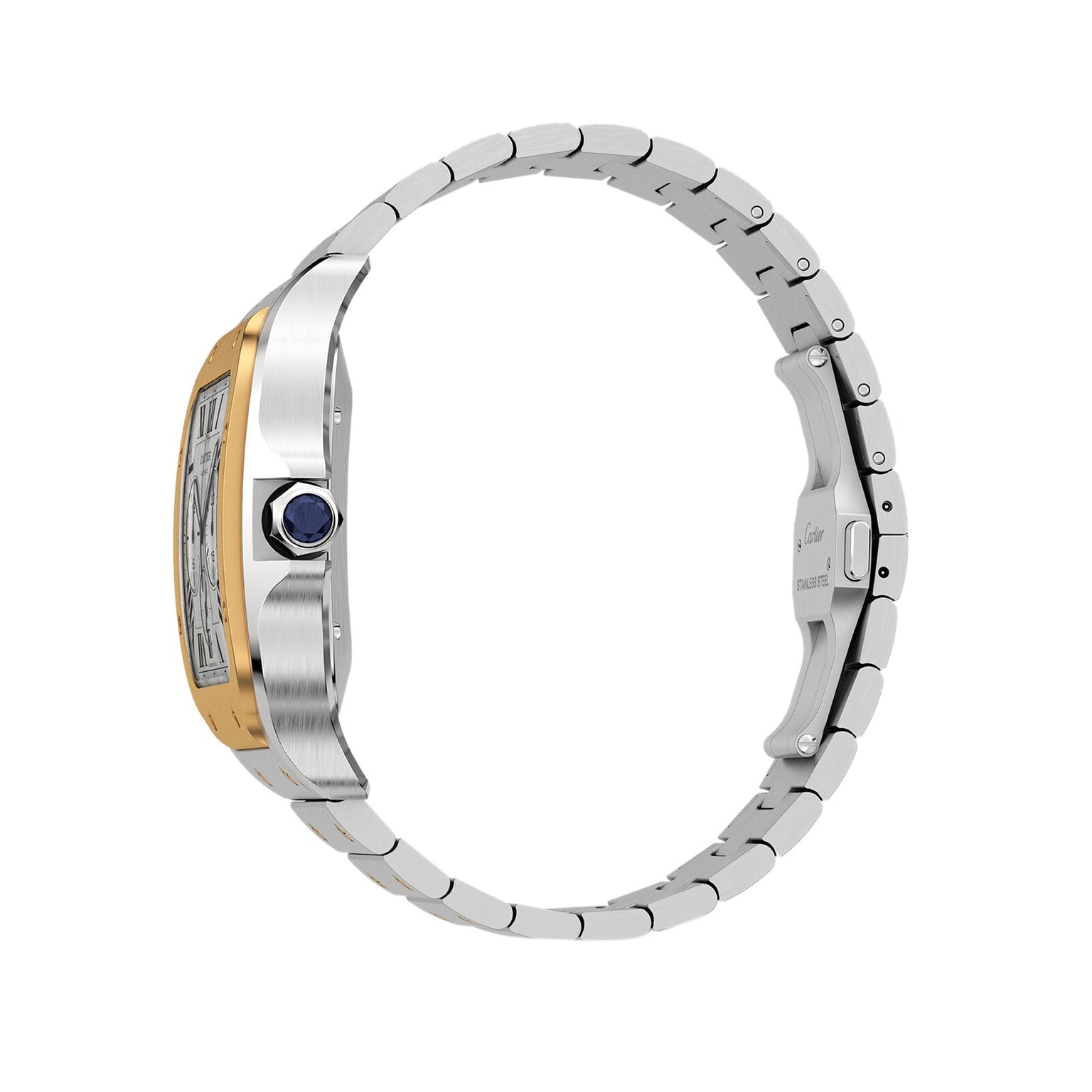 Side view of the Santos de Cartier Chronograph by Cartier, featuring a silver and gold case, metal bracelet, and blue cabochon crown.