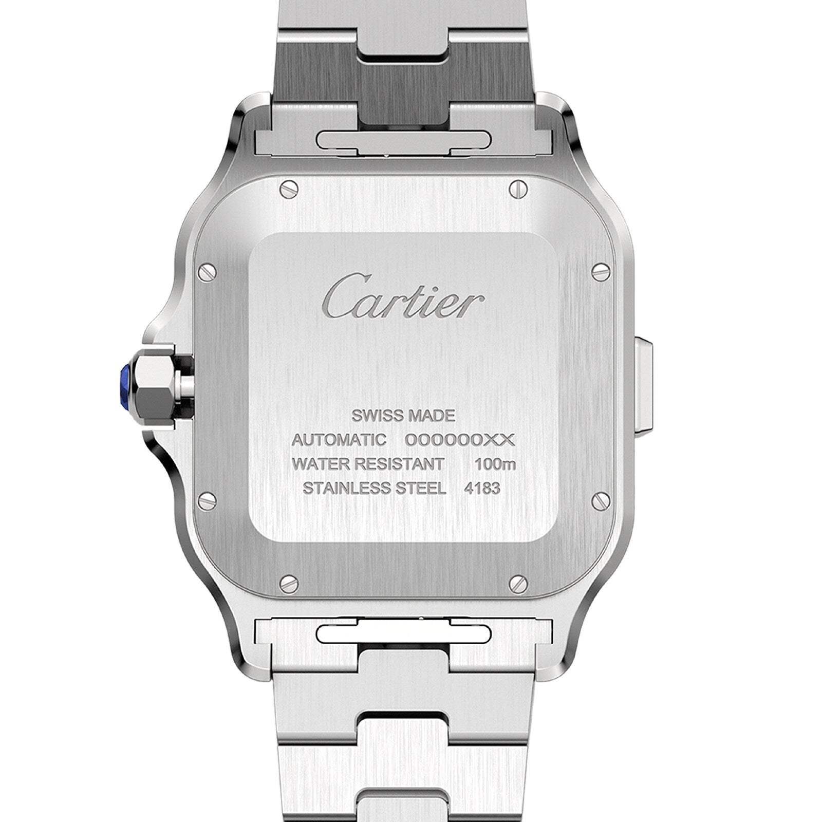 The back of the Santos de Cartier Chronograph features detailed engravings, showcasing the Cartier brand name, chronograph details, and water resistance up to 100m.