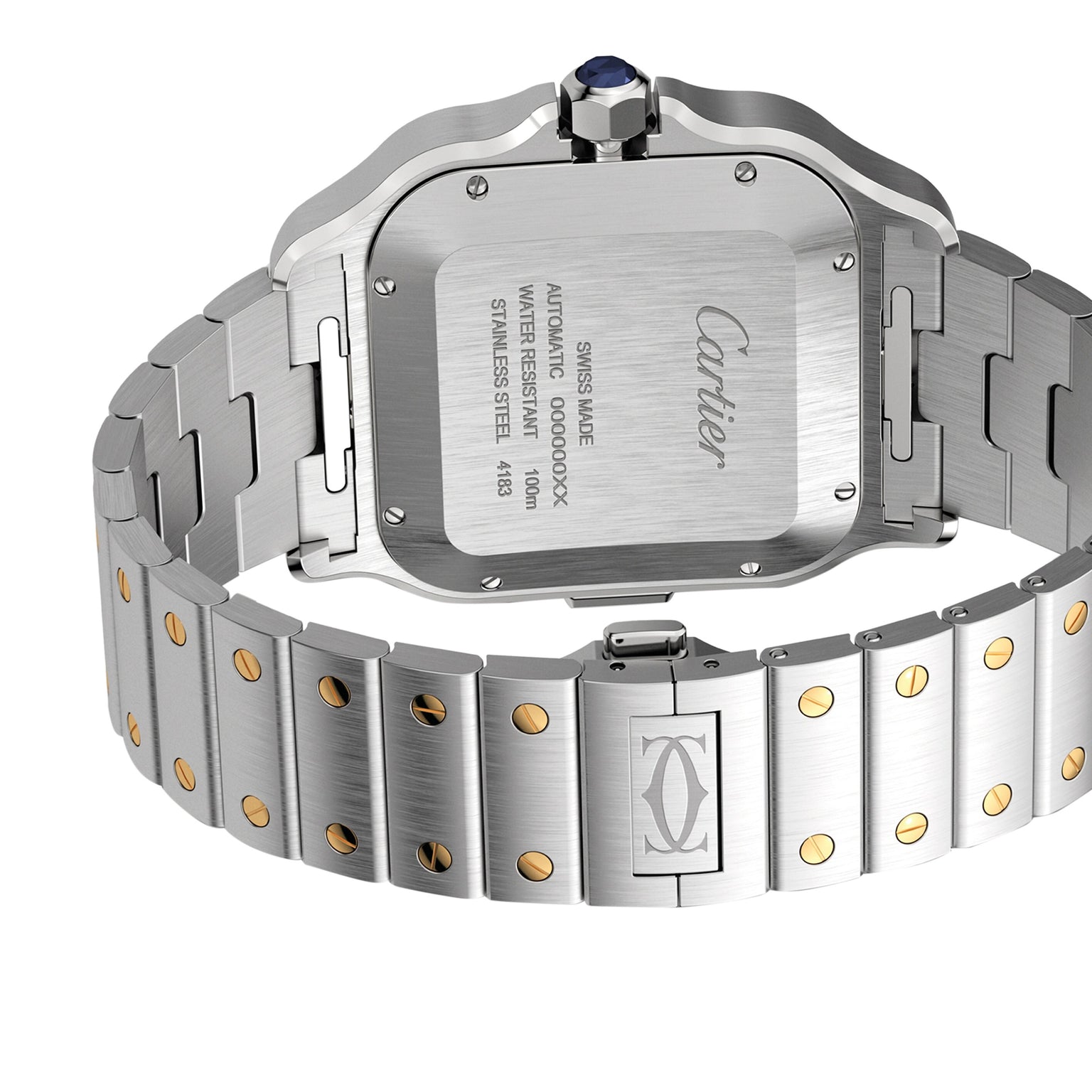 Back view of the Santos de Cartier Chronograph in stainless steel, showcasing gold screws on the bracelet and engraved Cartier logo markings on the case back.