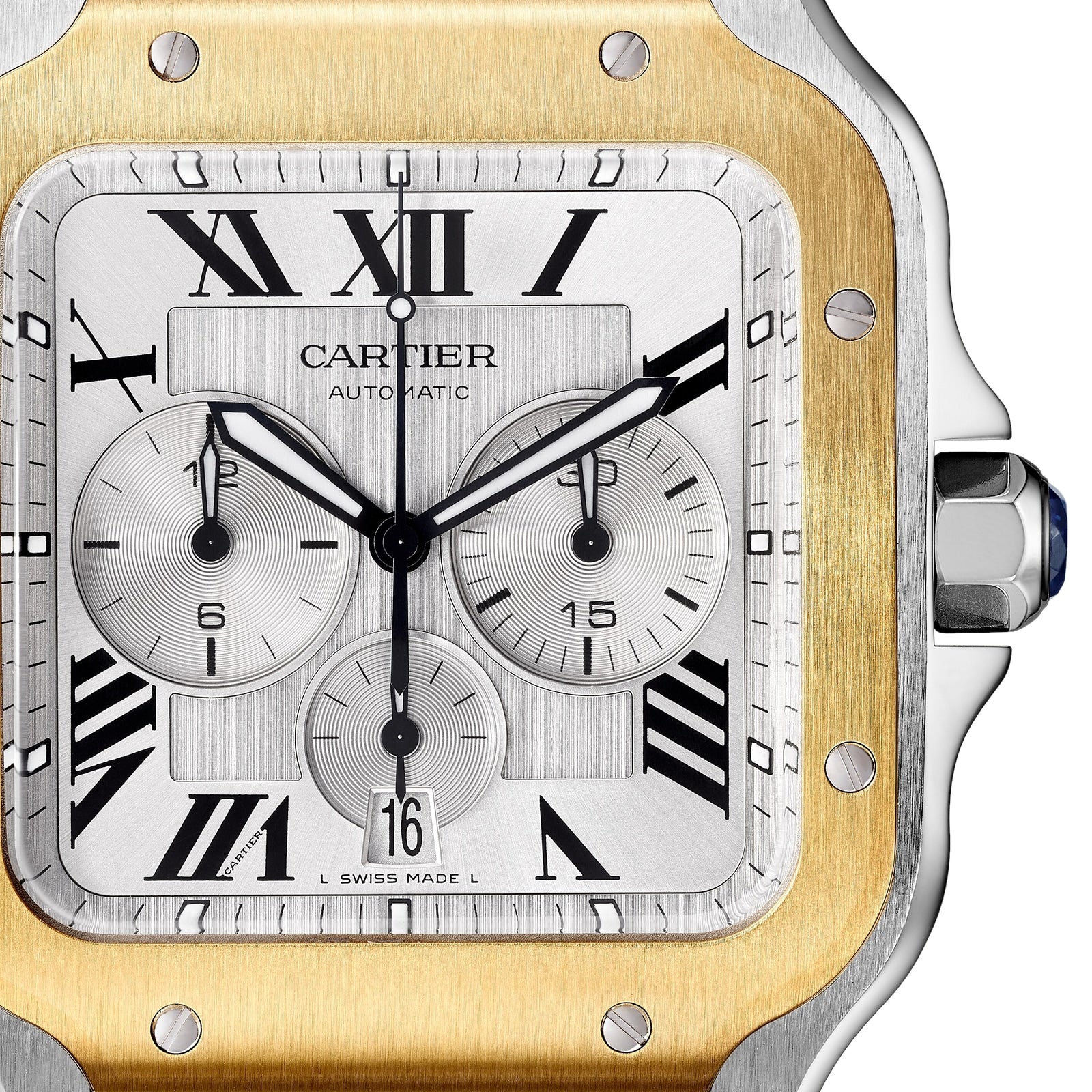Close-up of a Santos de Cartier Chronograph featuring a silver chronograph dial with three sub-dials, Roman numeral hour markers, and a date window at 6 o’clock.