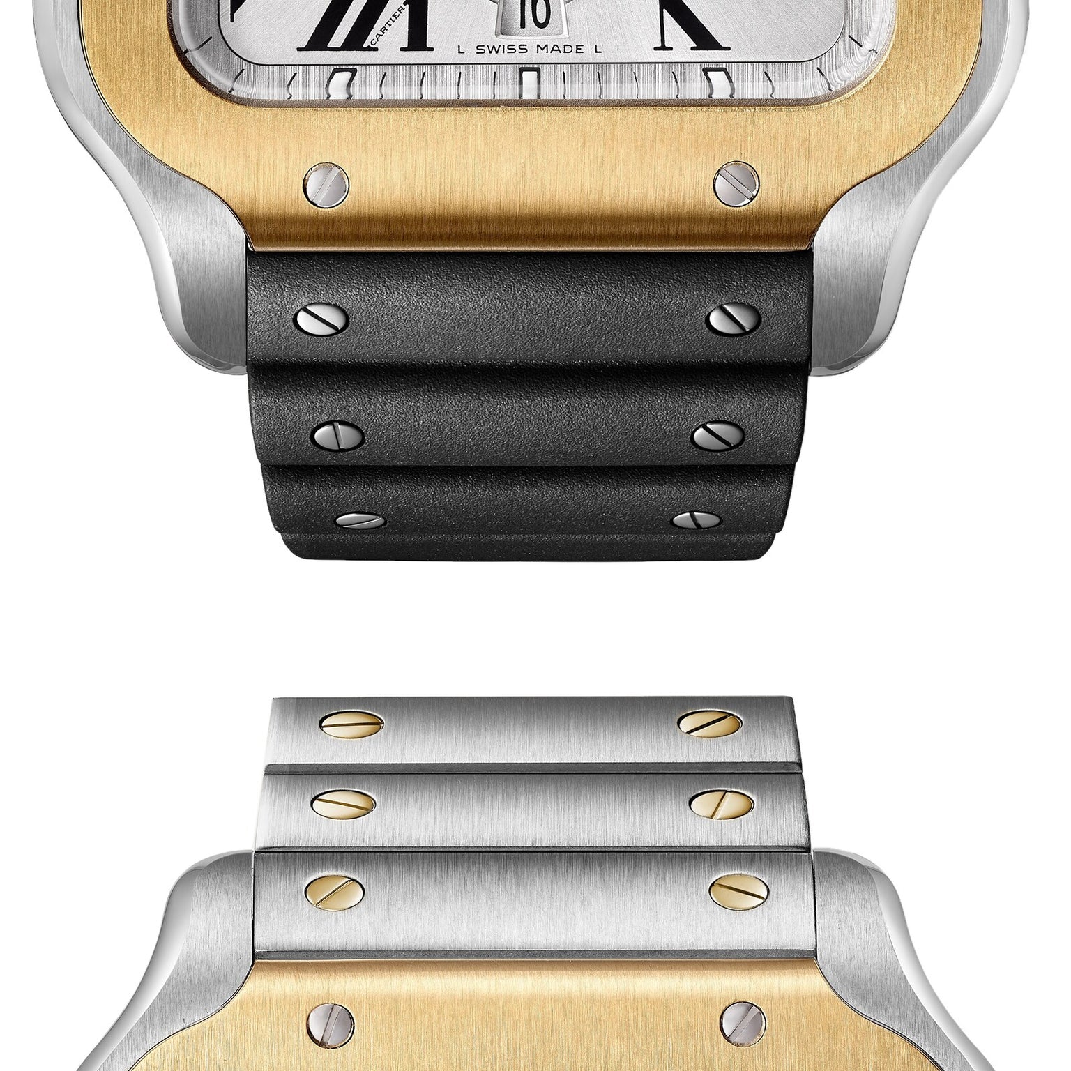 Close-up of the Santos de Cartier Chronograph, showcasing the transition from a black rubber strap to a two-tone gold and silver metal bracelet with visible screws.