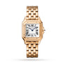 The Panthère de Cartier watch by Cartier features Roman numerals and a linked bracelet, displayed on a white background.