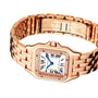 The Panthère de Cartier by Cartier features a rose gold case, diamond-set bezel, white square dial with Roman numerals and blue hands, and is finished with a sleek metal link bracelet.