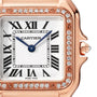 Close-up of the Panthère de Cartier watch by Cartier, featuring a square face, Roman numerals, blue hands, diamond-set bezel, and an elegant rose gold case.