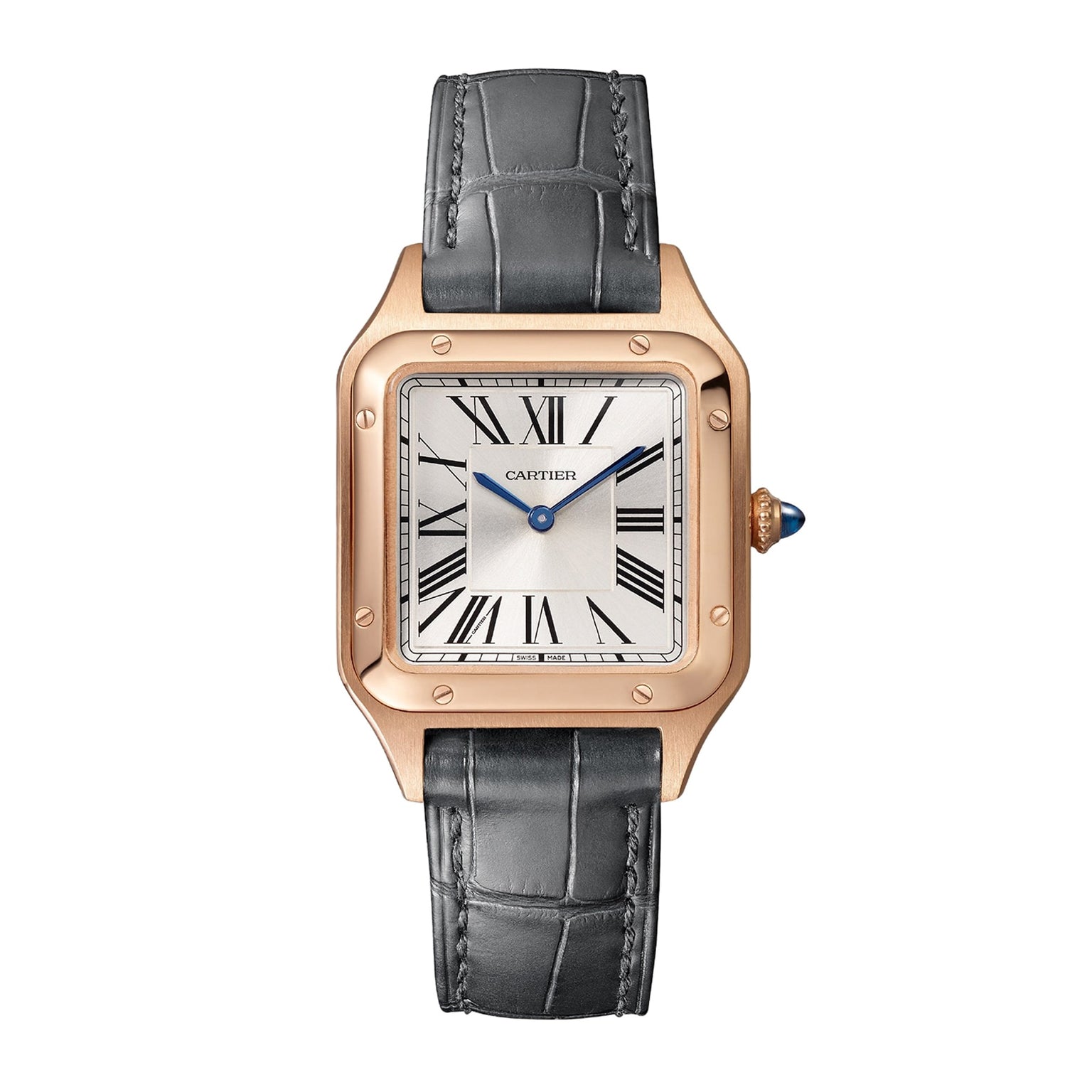 The Cartier Santos-Dumont features an 18K rose gold square case, white dial with black Roman numerals and blue hands, complemented by a dark gray leather strap.