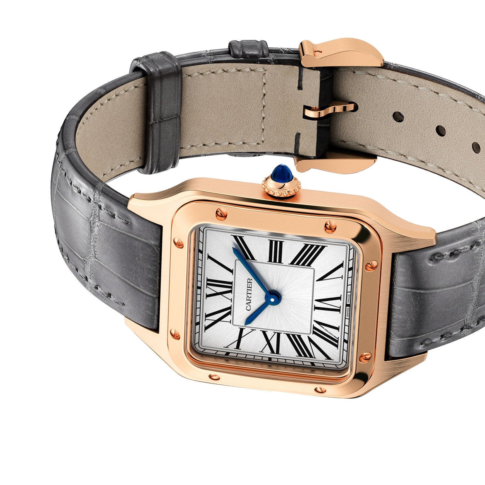 The Cartier Santos-Dumont is a luxury watch with an 18K rose gold square case, white dial with black Roman numerals, blue hands, and a grey leather strap.