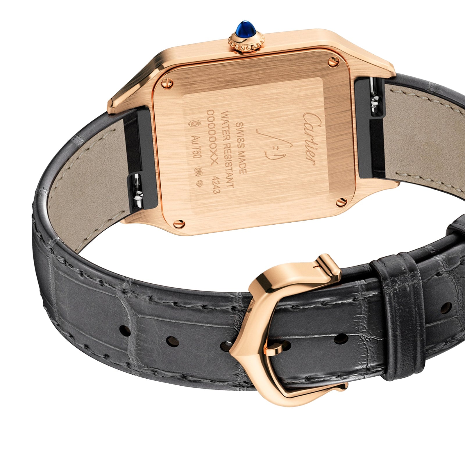 Close-up of the back of a Cartier Santos-Dumont watch featuring an 18K rose gold case, engraved details, a black leather strap, and a blue gemstone set in the crown.