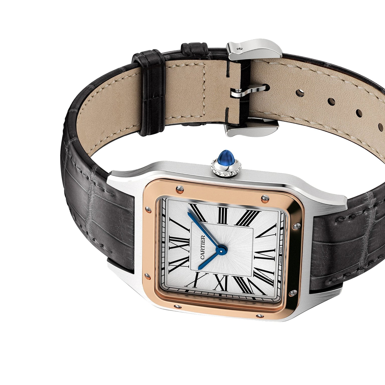 A Cartier Ballon Bleu de Cartier watch featuring a round case, Roman numerals, blue hands, a gold bezel, black leather strap, and a blue gemstone set into the crown.