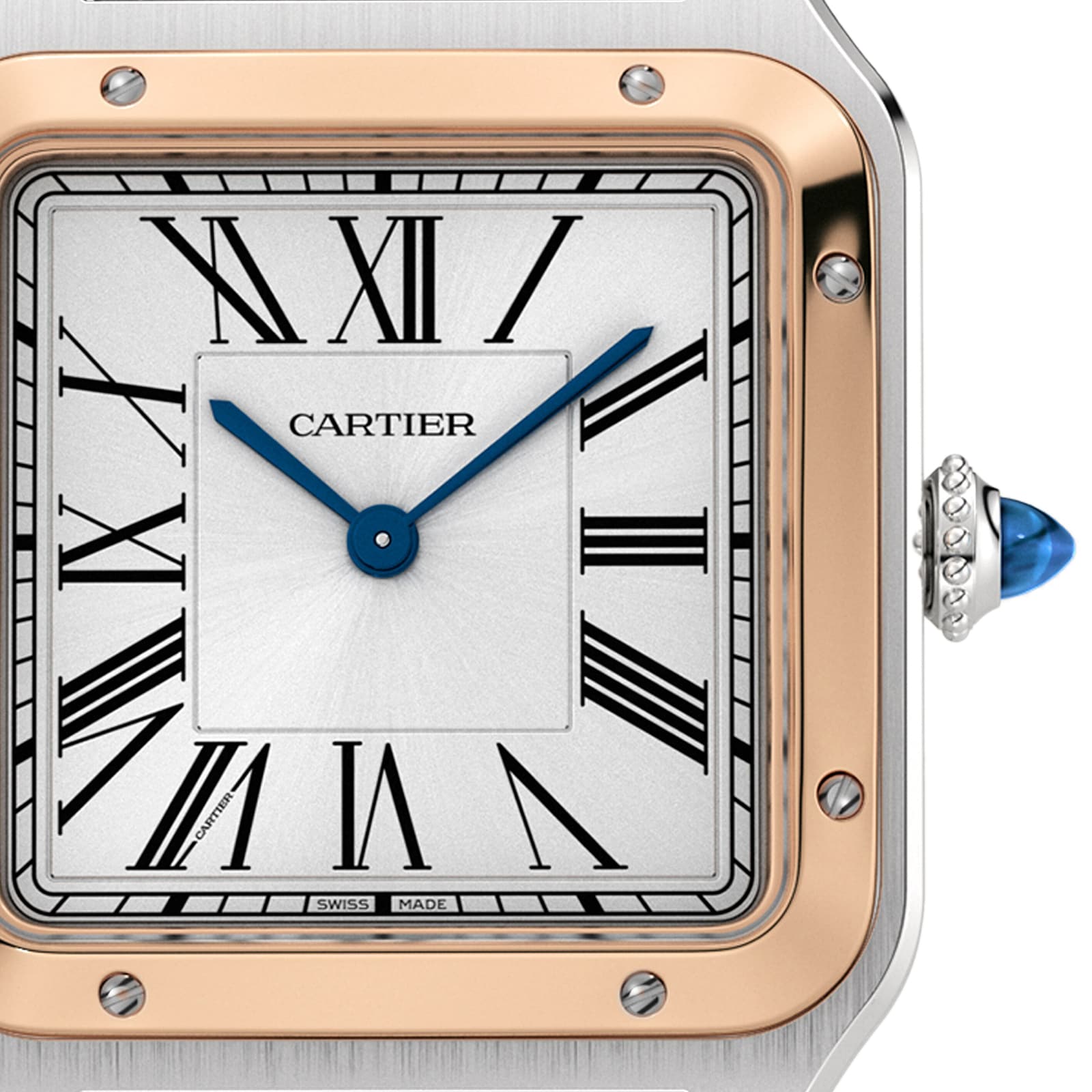 Close-up of a Ballon Bleu de Cartier watch face with Roman numerals, blue hands, gold accents on the round bezel, and a crown set with a blue cabochon—a signature detail of Cartier’s iconic Ballon Bleu collection.